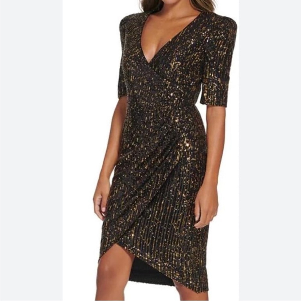 Calvin Klein‎ Sequins Tulip Hem Knee Length Dress Black Gold 14W